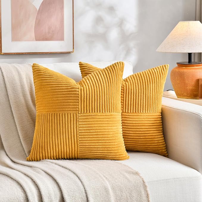 Fancy Homi 2 Packs Sunflower Yellow Spring Decorative Throw Pillow Covers 20x20 Inch for Living Room Couch Bed Sofa, Gold Yellow Home Decor, Soft Corss Corduroy Patchwork Textured Cushion Case 50x50cm