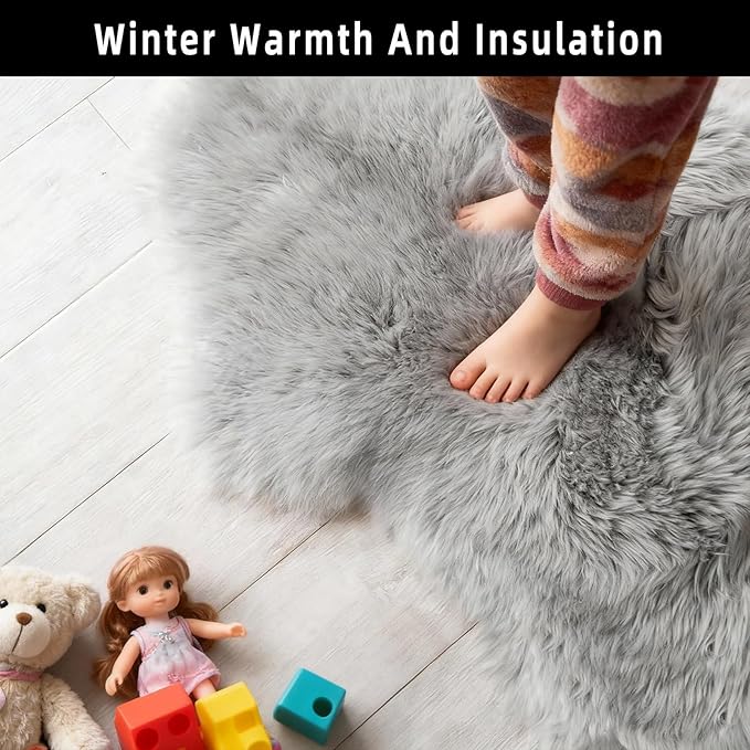 Grey Samll Faux Fur Sheepskin Area Rug for Living Room Bedroom, 2 x 3 Feet Ultra Soft Shaggy Fuzzy Furry Carpet Chair Throw Rugs for Kids, Girls, Nursery Room Decor Dorms