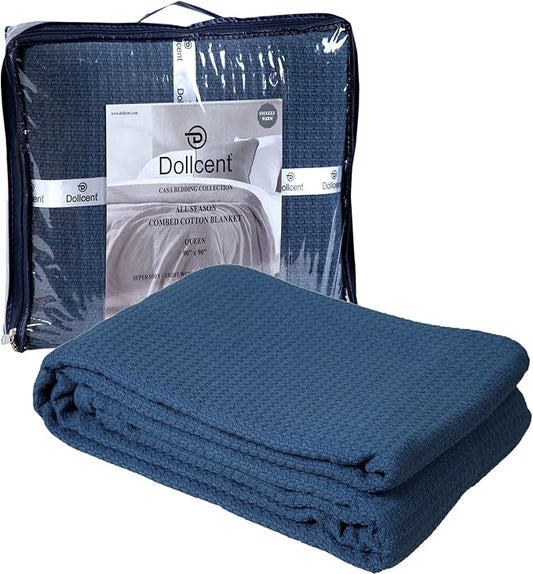 DOLLCENT 100% Cotton California King Size Blanket For Bed, Premium Combed Lightweight Blankets, Washed Breathable Cozy Bed Throw Blanket, Navy Cal King Cotton Blankets For All Season: Navy (102"x108")