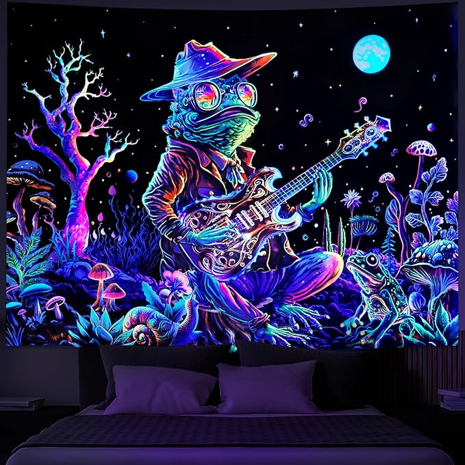 Galoker Blacklight Frog Tapestry Fantasy Neon Mushroom Tapestries UV Reactive Plant Floral Wall Tapestry Galaxy Space Tapestries Wall Hanging for Home Decor(H51.2×W59.1 inches)