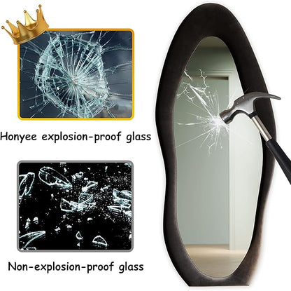 Honyee Full Length Mirror, 63" x 24" Wall Mirror, Flannel Wrapped Wooden Frame Floor Mirror, Irregular Wavy Mirror Hanging or Leaning Against Wall for Cloakroom/Bedroom/Living Room, Black