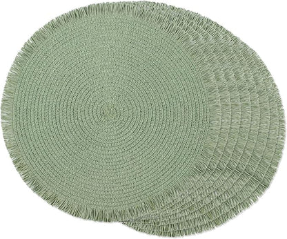 FunWheat Paper Round Braided Placemats Set of 8 for Dining Tables 15 Inch Heat Resistant Table Mats Farmhouse Woven Fabric Natural Place mats for Decoration with Tassel(Fog Green,8pcs)