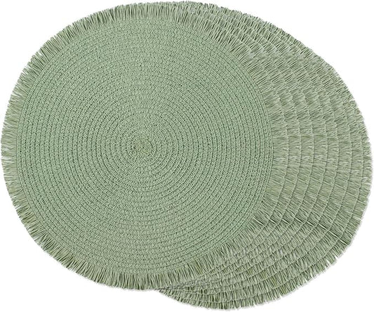 FunWheat Paper Round Braided Placemats Set of 8 for Dining Tables 15 Inch Heat Resistant Table Mats Farmhouse Woven Fabric Natural Place mats for Decoration with Tassel(Fog Green,8pcs)