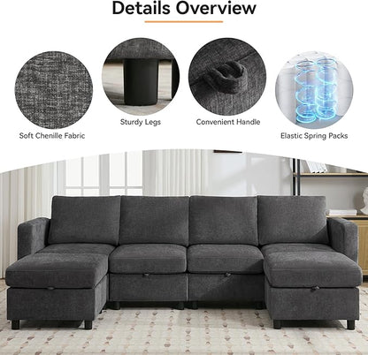 83”Modular Convertible L Shaped Couch Set for Living Room, Modern 4 Seat Storage Modular Couch with Movable Ottoman, Chenille(Dark Grey)