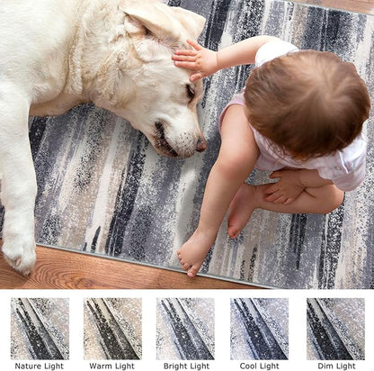Modern Abstract Runner Rug 2.6x12, Grey Black Multi Washable Long Kitchen Runner Non-Slip Soft Hallway Rug Runner Thin Print Faux Wool Carpet for Entryway Bedroom Laundry Room Indoor Home Decor