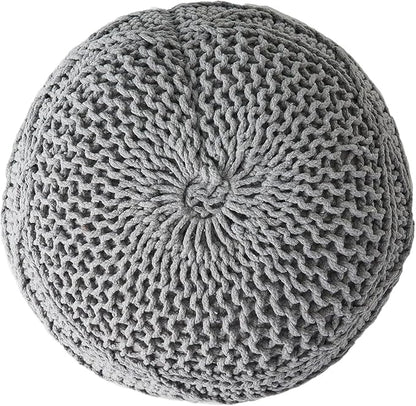 Knitted Cotton Round Pouf - 20x20, Modern Design, Soft Cotton, No Assembly, Porch Ottoman for Living Room, Gray, Ivory (Pouf - Gray)