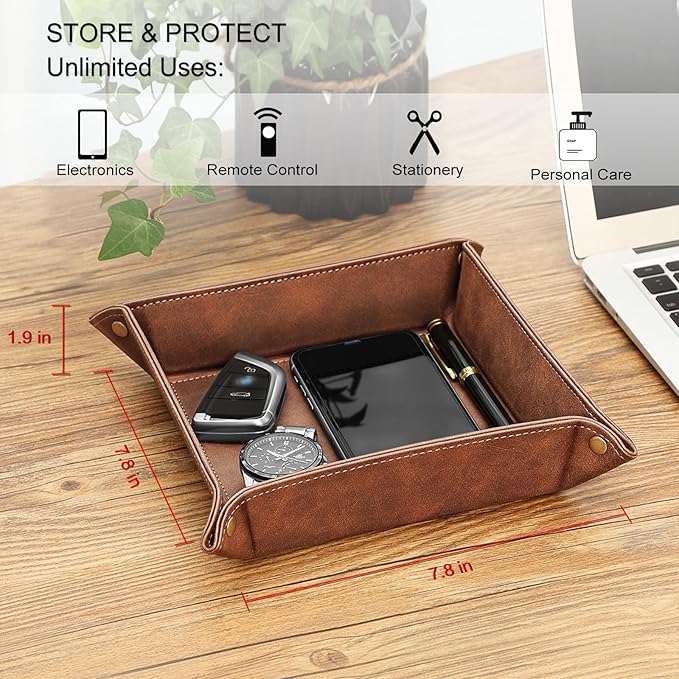 SITHON Valet Tray Desktop Storage Organizer – Premium PU Leather Catchall Bedside Vanity Tray Nightstand Caddy Holder for Remote Controller, Keys, Phone, Wallet, Coin, Jewelry, Brown