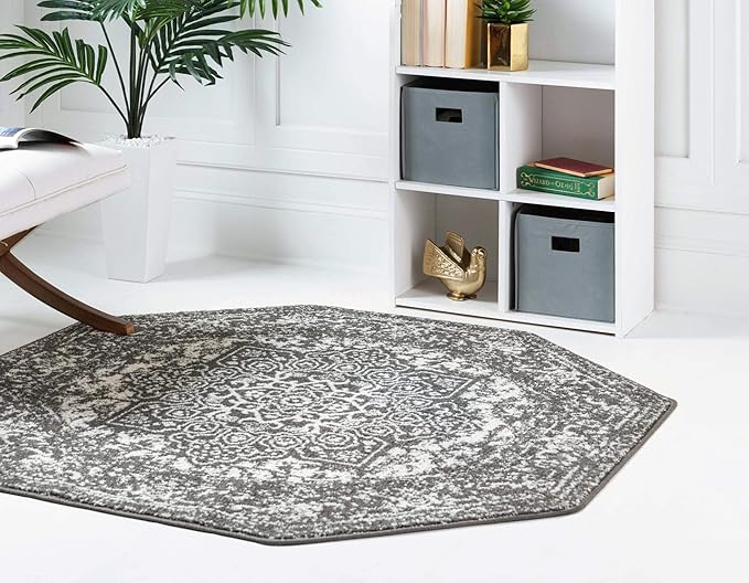 Rugs.com Arlington Collection Rug – 8 Ft Octagon Dark Grey Medium-Pile Rug Perfect for Living Rooms, Kitchens, Entryways
