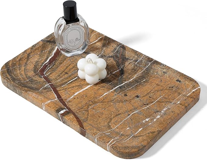 Koville Marble Tray, 12"x8" Marble Vanity Tray for Bathroom Kitchen Countertop, Rectangular Stone Tray for Cosmetics Perfume Trinket, Decorative Catchall Trays (Rainforest Gold)