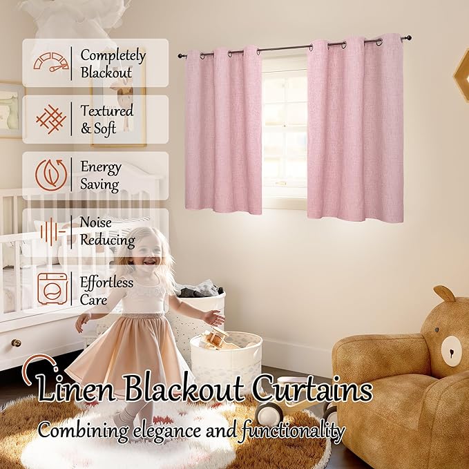 Lajode Baby Pink Linen Blackout Curtains for Nursery 40 Inch Length 2 Panels, Short Thermal Insulated Boho Total Black Out Noise Reducing Small Window Curtains for Girls Bedroom, Each 38 Inch Wide
