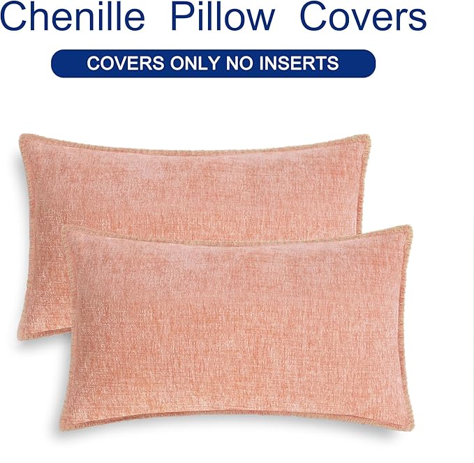 CaliTime Throw Pillow Covers Decorative 12 X 20 Inches Pack of 2 Cotton Thread Stitching Edges Solid Dyed Soft Chenille Cushion Cases for Couch Sofa Bed Living Room Farmhouse Dusty Pink