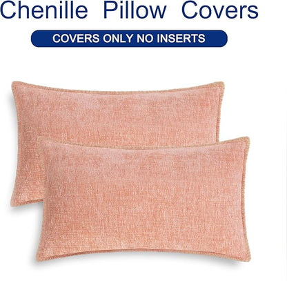 CaliTime Throw Pillow Covers Decorative 12 X 20 Inches Pack of 2 Cotton Thread Stitching Edges Solid Dyed Soft Chenille Cushion Cases for Couch Sofa Bed Living Room Farmhouse Dusty Pink