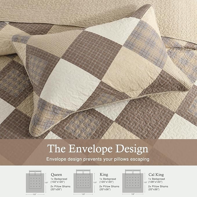 Farmhouse Bedspread King Size 120"x120" - 100% Cotton Lightweight Oversized King Quilt with 2 Pillowshams, Printed Diamond Quilted Bedding Coverlet for All Season, Brown/Beige/Khaki