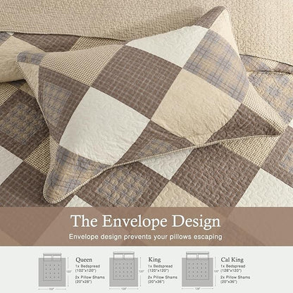 Oversized King Bedspread 128"x120" - 100% Cotton Lightweight California King Quilt with 2 Pillowshams, Printed Diamond Extra Wide Quilted Bedding Coverlet for All Season, Brown/Beige/Khaki