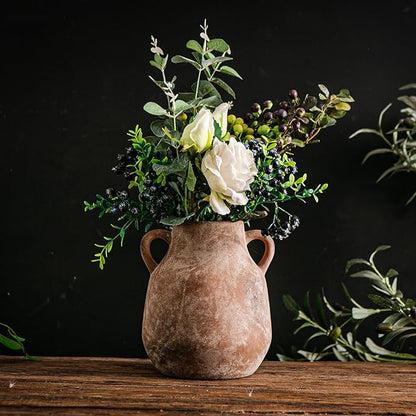 Ceramic Flower Vase with Handles,7.6 inch Farmhouse Vase,Rustic Vintage Terracotta Vases for Home Decor,Living Room,Kitchen Shelf,Table,Fireplace,Holiday & Weddings Centerpiece (Terracotta-M-822)