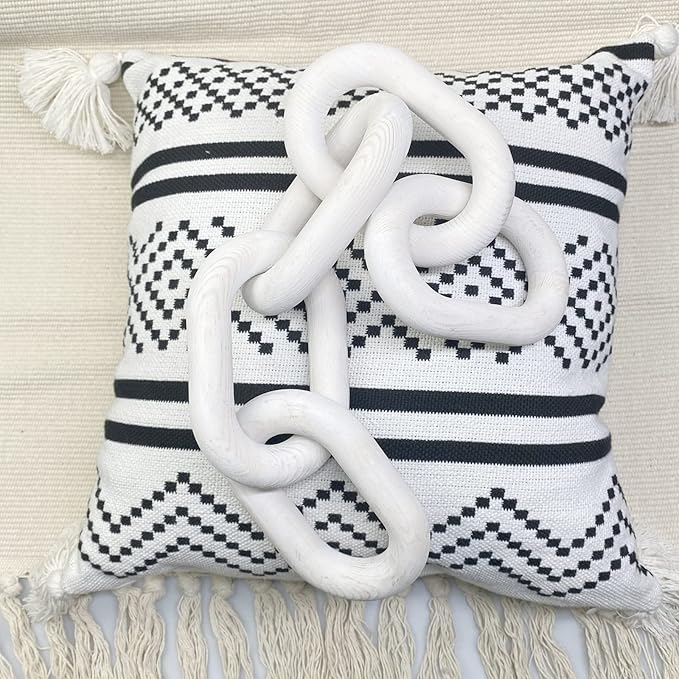 Wood Chain Link Decor | Hand Boho Carved Decor for Table , Shelf Decor Accents Rustic Farmhouse Aesthetic 5 Link Chain knot Decor Home Living Room, Bedroom, Entryway Coffee Table Decor (White)