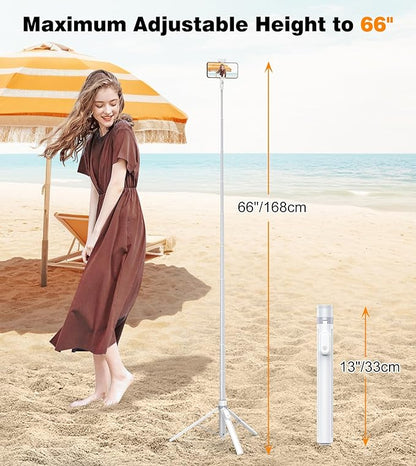 TONEOF 66" Automatic Phone Tripod with Magnetic Rechargable Remote,Selfie Stick 360° Vertical & Horizontal Rotatable,Stable for iPhone/Android(White)