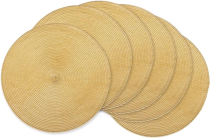 AHHFSMEI Round Braided Placemats 15 Inch Round Table Mats for Dining Tables Natural Woven Heat Resistant Place mats Set of 6 (Wheat Yellow)