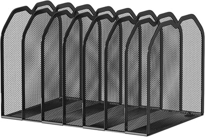 Black 7-Section File Folder Organizer for Desk – Metal Vertical File Holder, Desktop File Organizer Vertical Stand, Letter/A4 Folder Rack, Upright File Sorter, Office Paper Organizer