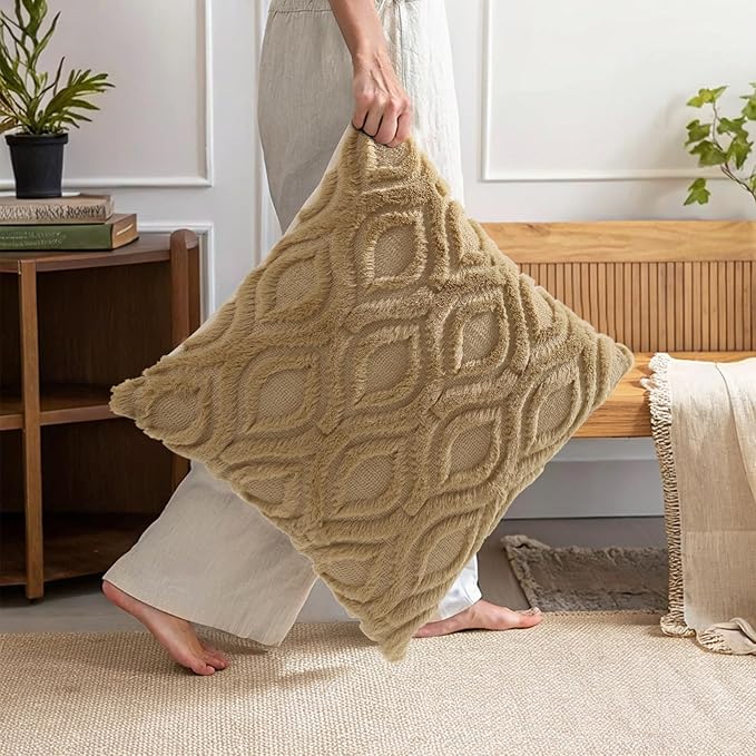 decorUhome Spring Euro Sham Throw Pillow Covers 24x24 Inch Set of 2, Soft Plush Faux Wool Khaki Solid Couch Pillow Covers, Accent Farmhouse Neutral Square Pillow Cases for Sofa Bed Living Room