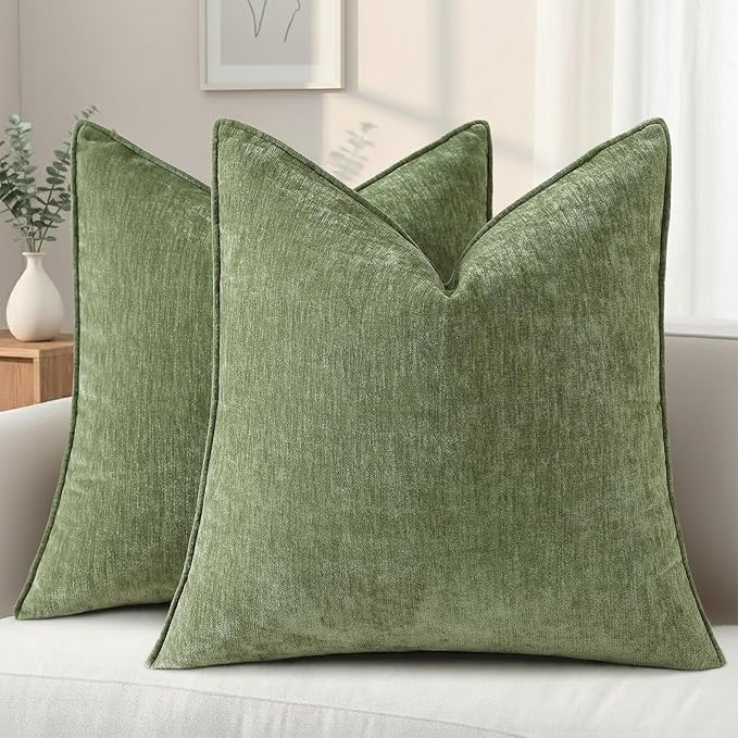 decorUhome Spring Couch Euro Sham Throw Pillow Covers 24x24 Set of 2, Decorative Soft Velvet Neutral Chenille Pillow Covers with Elegant Design for Sofa Bed Living Room Home Decor, Olive Green