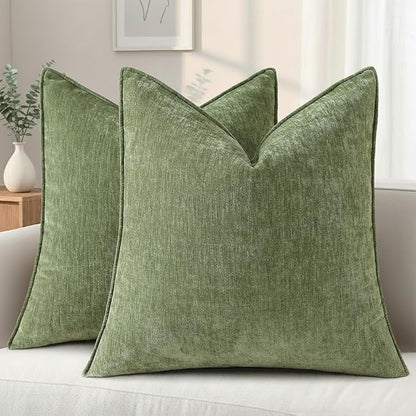decorUhome Spring Couch Throw Pillow Covers 18x18 Set of 2, Decorative Soft Velvet Neutral Chenille Pillow Covers with Elegant Design for Sofa Bed Living Room Home Decor, Olive Green