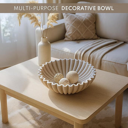 12" Extra Large Decorative Bowl – Decorative Fruit Bowl for Kitchen Counter, Modern Handmade Bowls for Home Decor, Ruffle Decor, Stylish Key Bowl for Entryway Table, Beige Artificial Stone