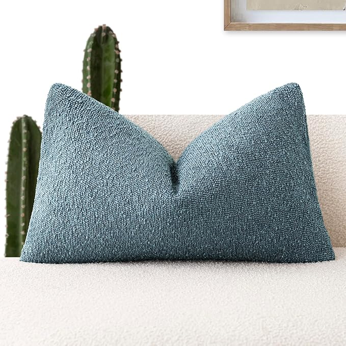 Foindtower Decorative Textured Boucle Throw Pillow Covers Accent Solid Lumbar Pillow Cases Neutral Soft Couch Cushion Case for Chair Sofa Bedroom Living Room Home Decor 12x20 Inch,1PC,Misty Blue