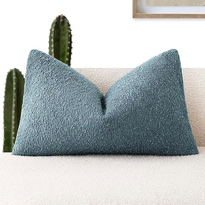 Foindtower Decorative Textured Boucle Throw Pillow Covers Accent Solid Lumbar Pillow Cases Neutral Soft Couch Cushion Case for Chair Sofa Bedroom Living Room Home Decor 12x20 Inch,1PC,Misty Blue