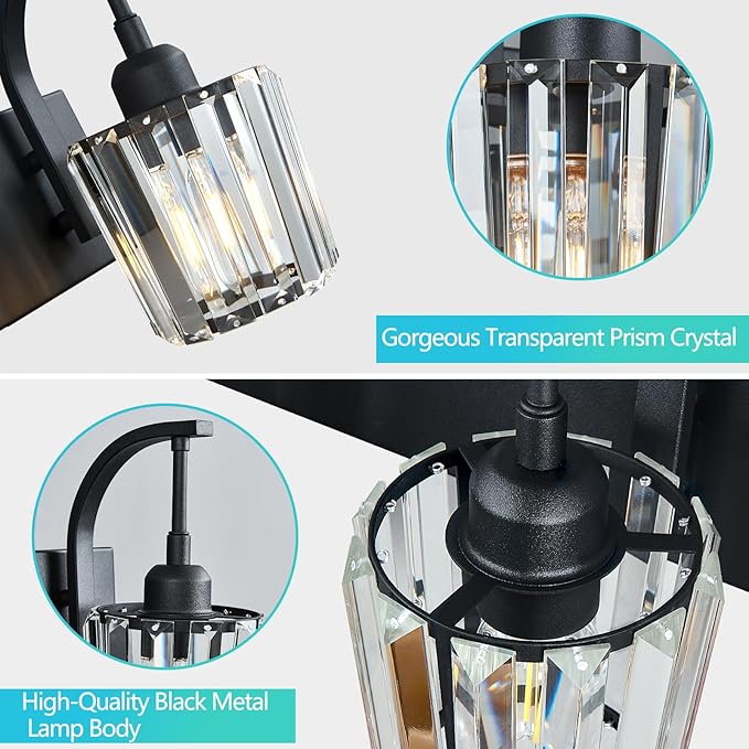 Modern Bathroom Vanity Light, 5-Light Black Wall Sconce with Crystal Accents, Over Mirror Bathroom Lighting Fixture, 42.51" Long Dimmable Vanity Lamp for Makeup, Easy Installation