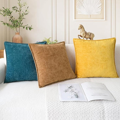 CaliTime Throw Pillow Covers Decorative 18 X 18 Inches Pack of 2 Cotton Thread Stitching Edges Solid Dyed Soft Chenille Cushion Cases for Couch Sofa Bed Living Room Farmhouse Apricot Brown