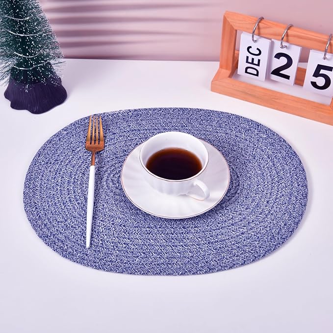 4 Pack Oval Woven Placemats, 12x16 inches Rattan Place Mats Cotton Pot Holders Wicker Tablemats Boho Braided Heat Resistant Mats, Plate Chargers for Table (Mix Blue, Oval Set of 4)