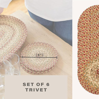 Homespice Harvest Jute Braided Kitchen Trivets for Hot Dishes, Warm Country Decor, Set of 6, Multicolor 8" Round Heat Resistant Mat - Rich Colors, Easy to Clean, Durable and Protects Furniture