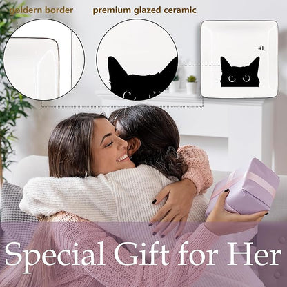 Black Cat Jewelry Dish - Ceramic Tray for Rings, Earrings & Cat Gifts