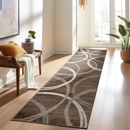 Rugshop Modern Wavy Circles Design Runner Rug, Fade-Resistant Carpet for Hallway, Entryway, or Kitchen, Brown, 2' x 10'