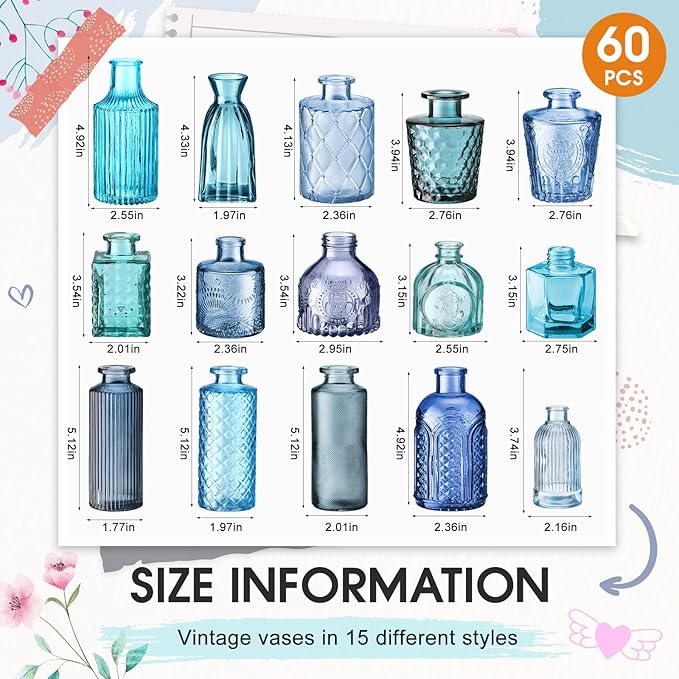 Yaomiao 60 Pcs Vases Bulk Colored Flower Glass Vases Bud Vintage Colored Glass Bottles Colorful Rustic Embossed for Home Wedding Table Decorations Gifts (Blue Series)