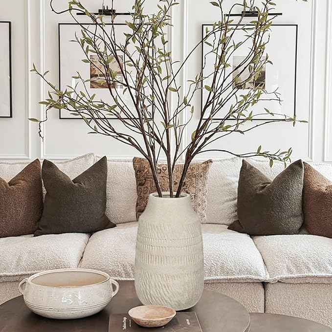 9" Pottery Vase with Sand-Grain Textured, Rustic Ceramic Vase for Mediterranean, Vintage & Farmhouse Style on Desktop Decor, Slender & Beige White