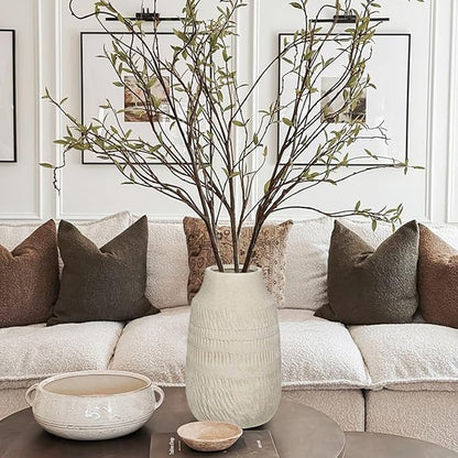 9" Pottery Vase with Sand-Grain Textured, Rustic Ceramic Vase for Mediterranean, Vintage & Farmhouse Style on Desktop Decor, Slender & Beige White