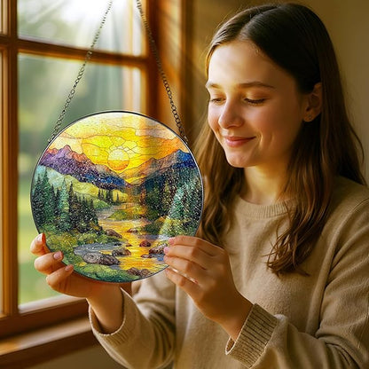8-Inch Stained Glass Ornament, Nature Suncatchers for Window Hanging, Window Hanging Decor Suncatcher, Mountain Range Ornament | Holiday, Mother’s Day, Christmas, Housewarming | Gifts for Mom &Friend