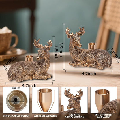 Gold Animal Candle Holders - Deer Set of 2 Vintage Rustic Pedestal Candlesticks,Holiday & Themed Decor, Easter Decorations, Centerpieces for Fireplace Mantle & Dining Table