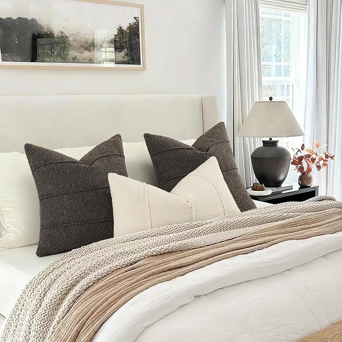 YCOLL Textured Boucle Throw Pillow Covers 24x24 Pack of 2 - Soft Neutral Striped Cushion Covers, Cozy Accent Decorative Pillow Covers for Couch, Sofa, Bed, Living Room (Dark Gray)
