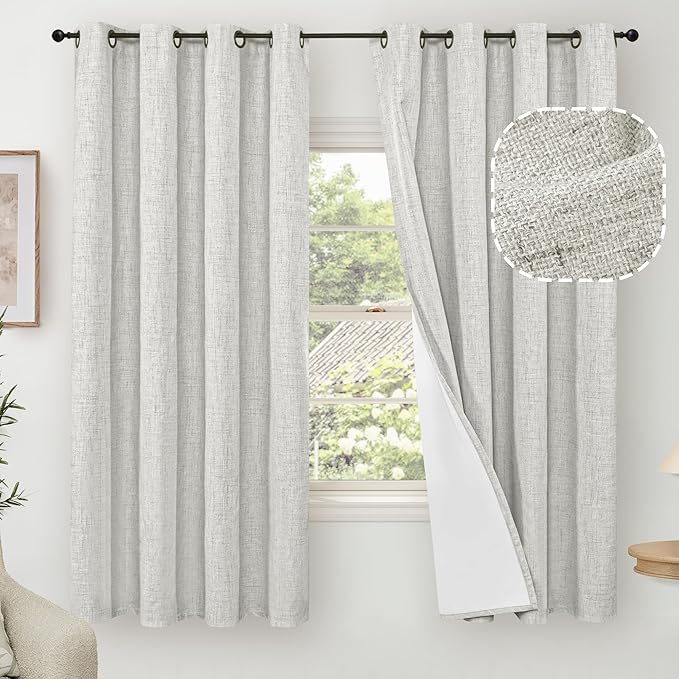 Lajode 100% Blackout Curtains for Bedroom 63 Inch Length 2 Panels, Thermal Insulated Complete Light Blocking Noise Reducing Linen Window Curtains for Nursery, Bronze Grommet, Each 52" Wide, Light Grey