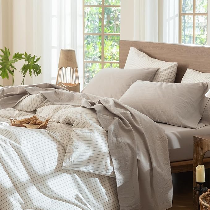MooMee Bedding Sheet Set 100% Washed Cotton Linen Like Textured Breathable Durable Soft Comfy (Heathered Cream Grey, California King)