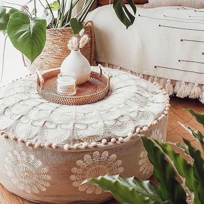 Mandala Life ART Bohemian Pouf Ottoman Cover 24x8- Luxury, Artisan Room Décor Pouffe for Meditation, Yoga, and Boho Chic Seating Area Stool Floor Pillow Case – Accent Your Living Room, Bedroom