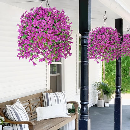Artificial Hanging Flowers Plants with Basket for Outdoors, Realistic Faux Silk Daisy Flower Eucalyptus for Spring Decor, UV Resistant Fake Plants for Porch Patio Yard Balcony, Purple