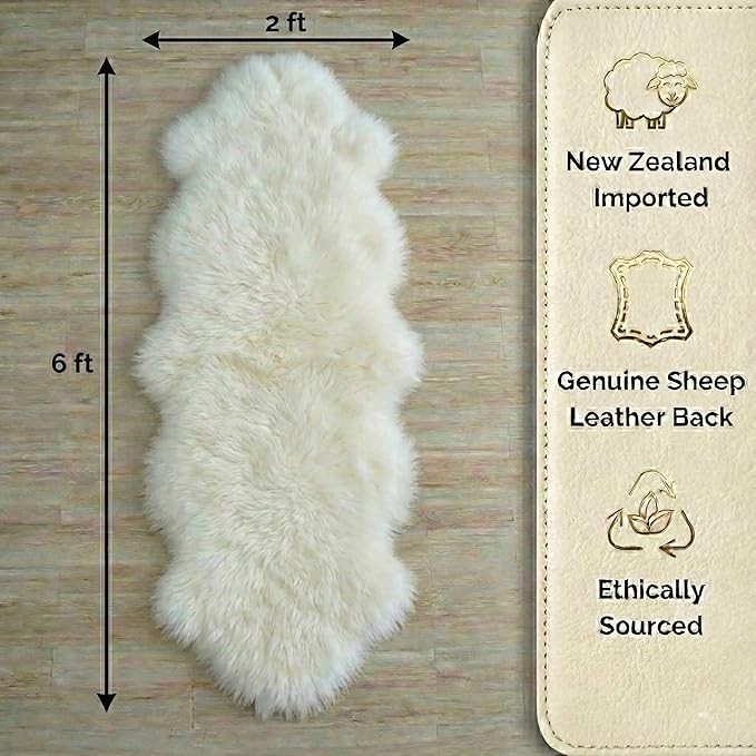 Woolous Genuine New Zealand Sheepskin Double Pelt Rug - Handmade Sheep Skin Runner Rug, Soft Thick Natural Bedside Area Rug for Bedroom and Living Room Decor, 2x6 ft