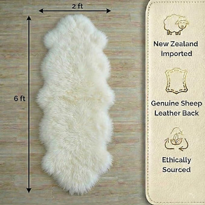 Woolous Genuine New Zealand Sheepskin Double Pelt Rug - Handmade Sheep Skin Runner Rug, Soft Thick Natural Bedside Area Rug for Bedroom and Living Room Decor, 2x6 ft