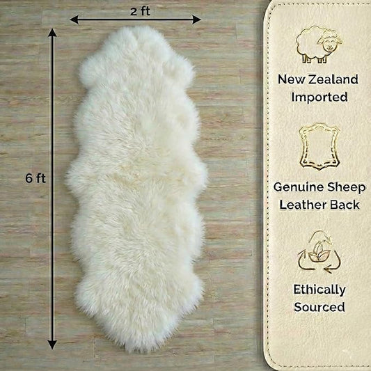 Woolous Genuine New Zealand Sheepskin Double Pelt Rug - Handmade Sheep Skin Runner Rug, Soft Thick Natural Bedside Area Rug for Bedroom and Living Room Decor, 2x6 ft