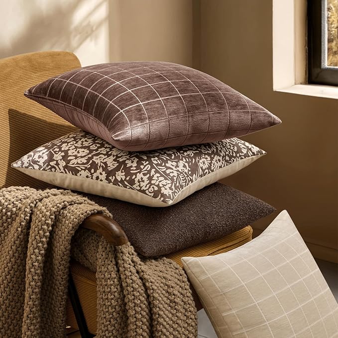 MIULEE Decorative Chenille Check Throw Pillow Covers Vintage Plaid Couch Pillows 20x20 Inch Set of 2 Neutral Boho Farmhouse Cushion Covers Modern Home Decor for Sofa Bed Living Room Reddish Brown