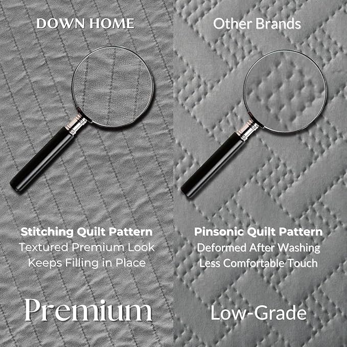 DOWN HOME Queen Quilt Bedding Set with Shams, Vintage Washed Soft Quilted Blanket Thin Comforter Lightweight Bedspread Coverlet Bed Cover, Brushed Microfiber Stripe Stitching, Ash Gray, 86"x90"